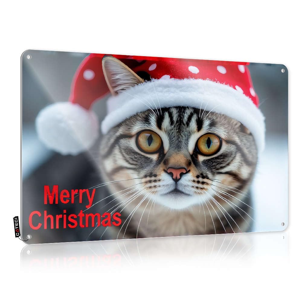 Vintage Art Decor Sign For Weird Wall - Room Rules Tin Pre-drilled & | Tiki Signs And Outdoor : A Cat Wearing Santa Hat With "merry Christmas" Written On It.