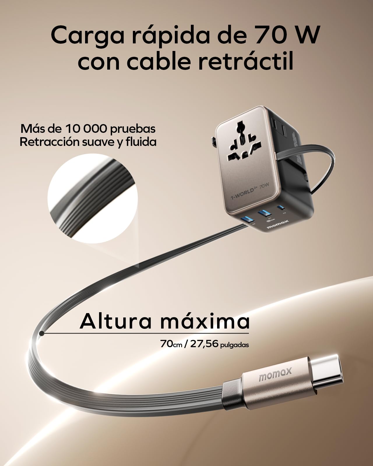MOMAX Adaptador de Viaje Mundial de 70 W con Cable Extensible, Adaptador de Viaje Mundial con 2 Puertos CA, 2 Puertos USB A y 2 Puertos USB C, Adaptador de Viaje Internacional - Titanio