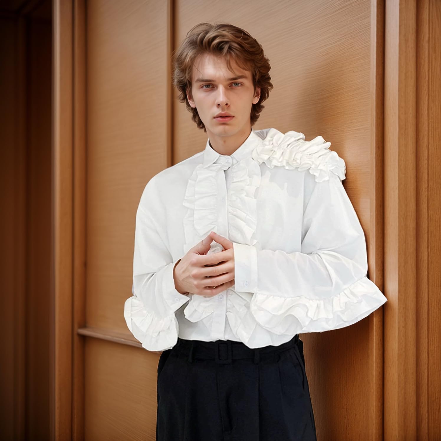 Elegant Men's Designer Ruffle Blouse Tuxedo Shirt - Perfect for Galas, Stage Performances, and Red Carpet Runways