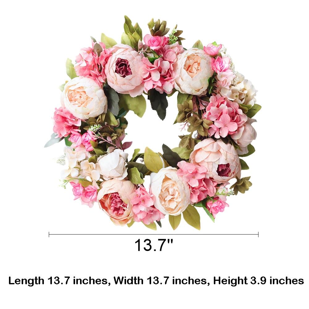 Couronne florale de pivoine artificielle en soie - 35 cm - Décoration de porte orange - Pour printemps, été, automne, hiver - Grande couronne pour porte d'entrée extérieure, intérieur, mariage,