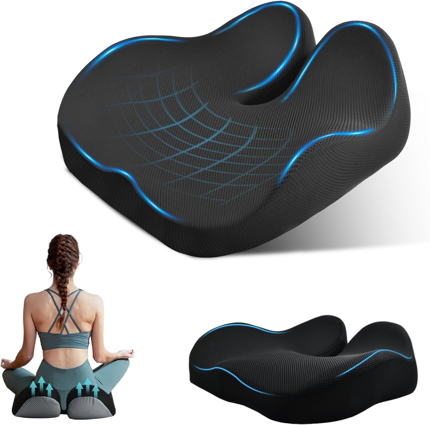 Cuscino Sedia Ufficio, Cuscino Ergonomico Memory Foam, Cuscino Ortopedico Seduta per Coccige, Allevia Sciatica e Dolori Lombari, Fodera Lavabile Antiscivolo, per Ufficio Casa Auto (Nero)