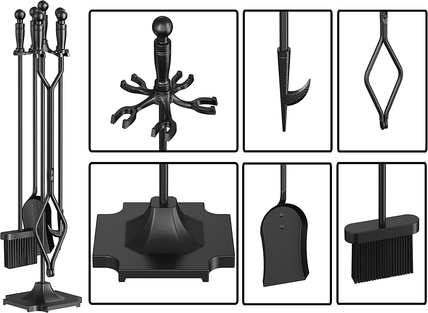 Juego de herramientas de chimenea de hierro forjado negro, 5 piezas, para estufa de leña, pinzas de tronco, accesorios de chimenea de alta resistencia 5
