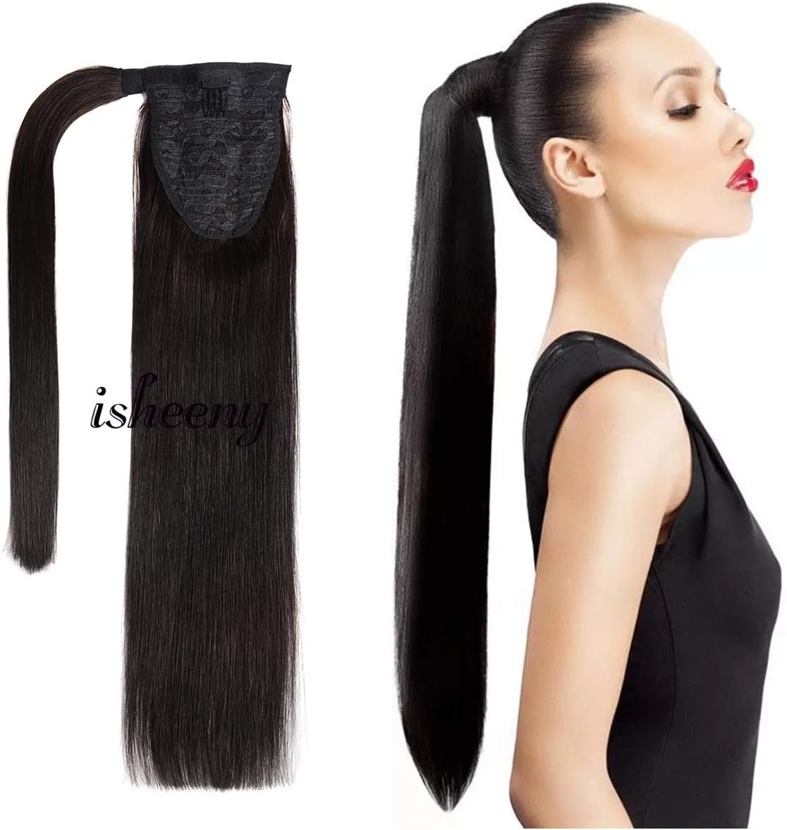 14 Inches Clip in Human Ponytail Hair Extensions Remy Human Hair Piece for Women 1 Piece Hairpiece 60 Grams Wrap Around Ponytail Human Hair Extensions Black Color