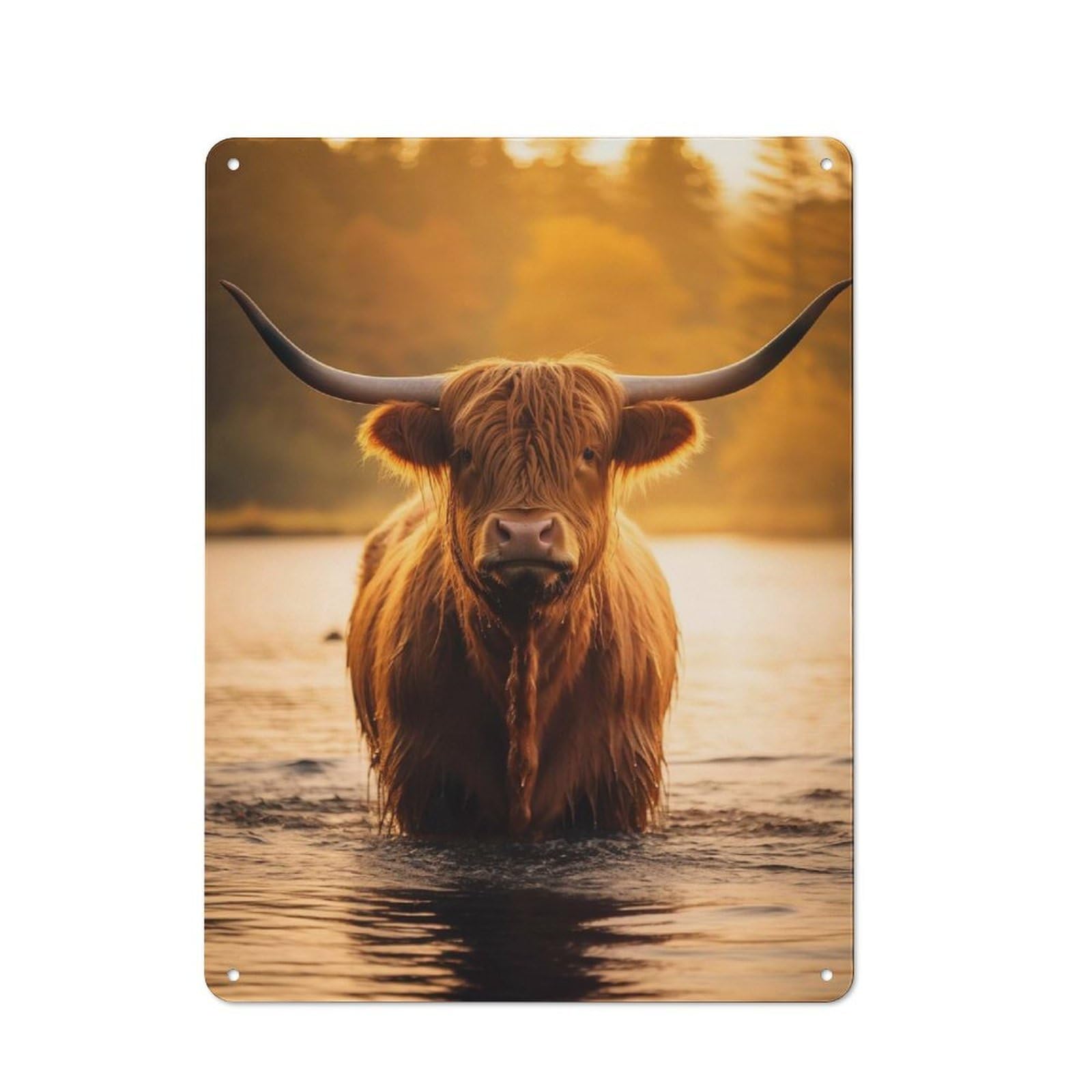 Junmoney Style-19 Highland Cow In The Water Retro Tin Sign 40X30cm For Café Or Restaurant, Housewarming Wall Decor For People Furnishing Café And Restaurant
