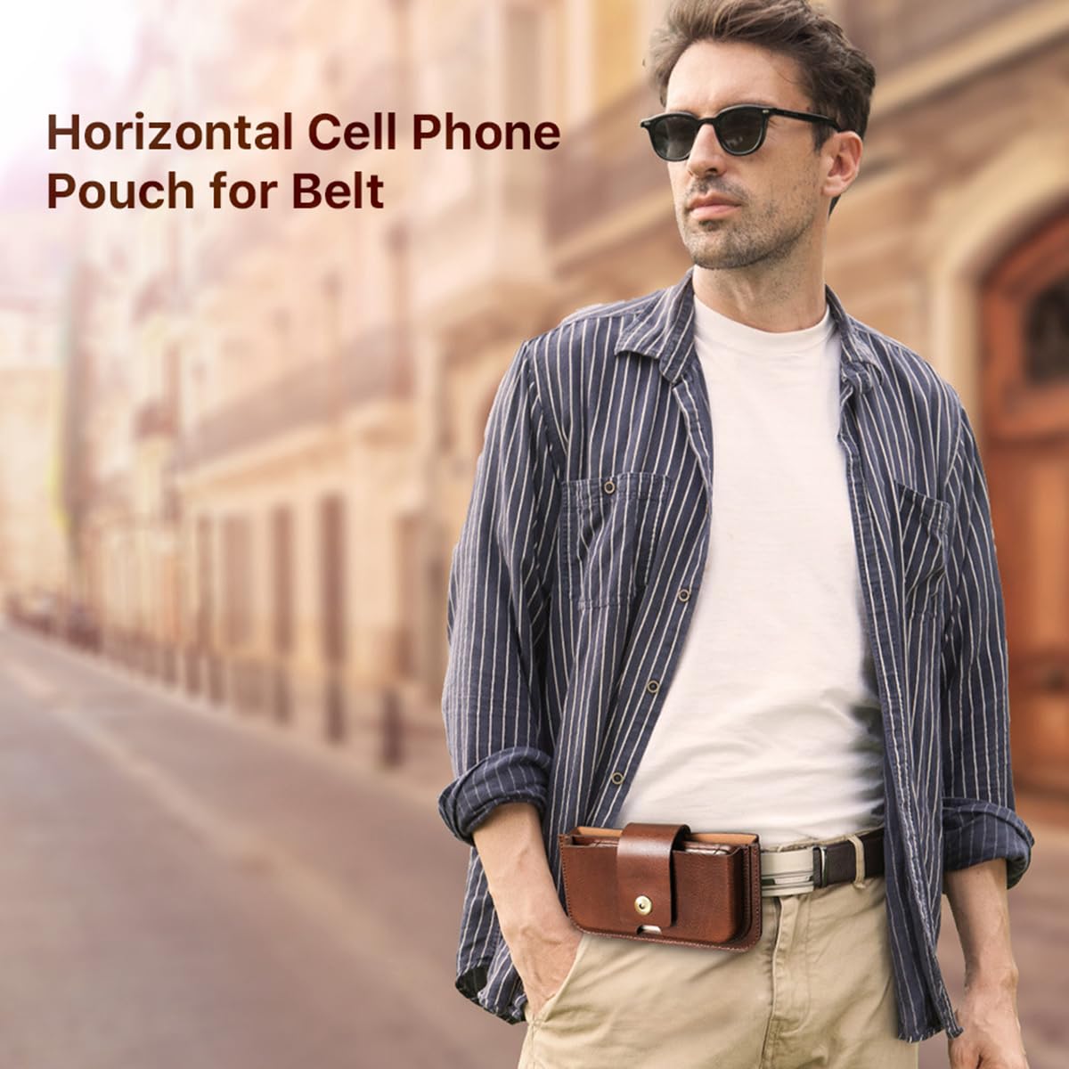 Herren Echtleder Handy Holster Gürteltasche, Handgefertigte 6.1/6.9 Zoll Dual Pocket Handy Gürtelholster, Kompakte Horizontale Handyholster Tragetasche für iPhone 16 15 14 Plus 13 12 Pro Max Coffee