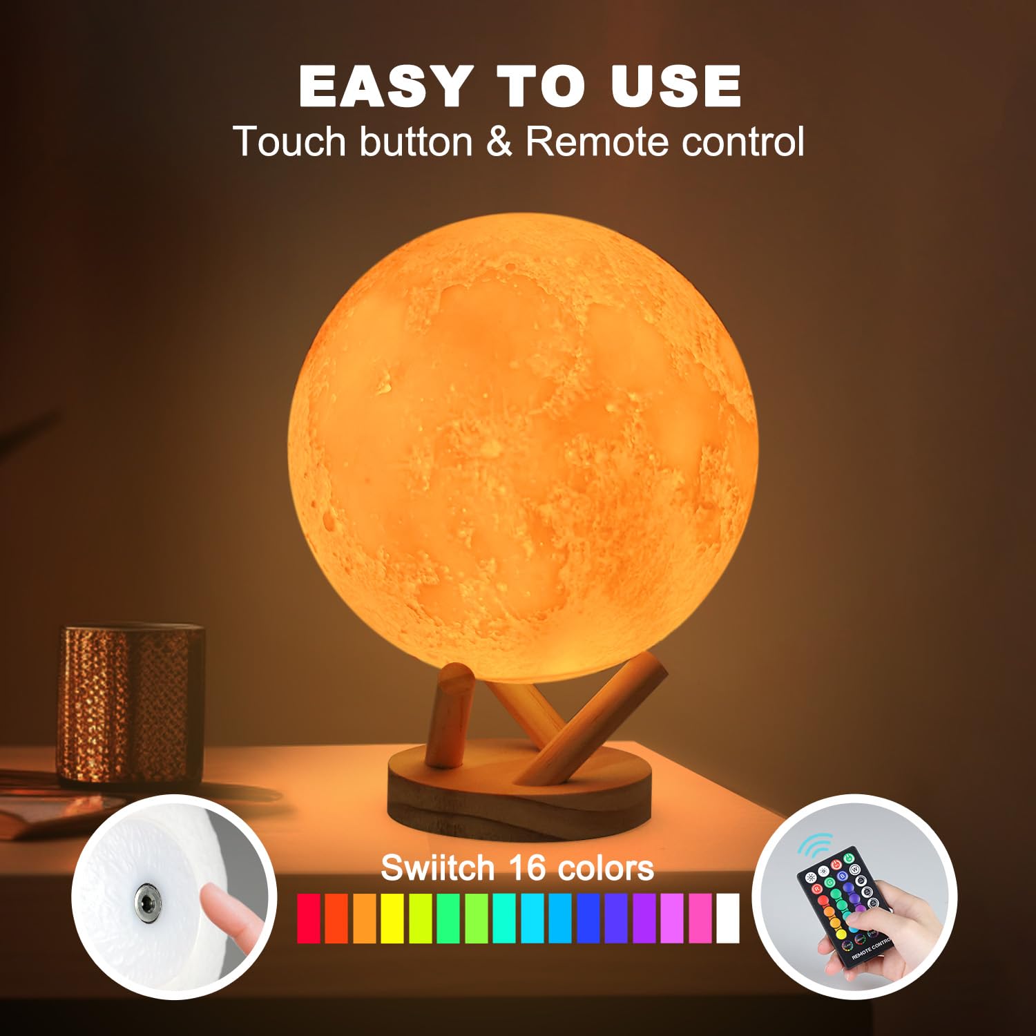 Lámpara de luna, luz nocturna de 16 colores, lámpara de luz 3D, control táctil y remoto, con soporte de madera, LED regulable | Ajuste de tiempo, luz nocturna para oficina/hogar/regalo para