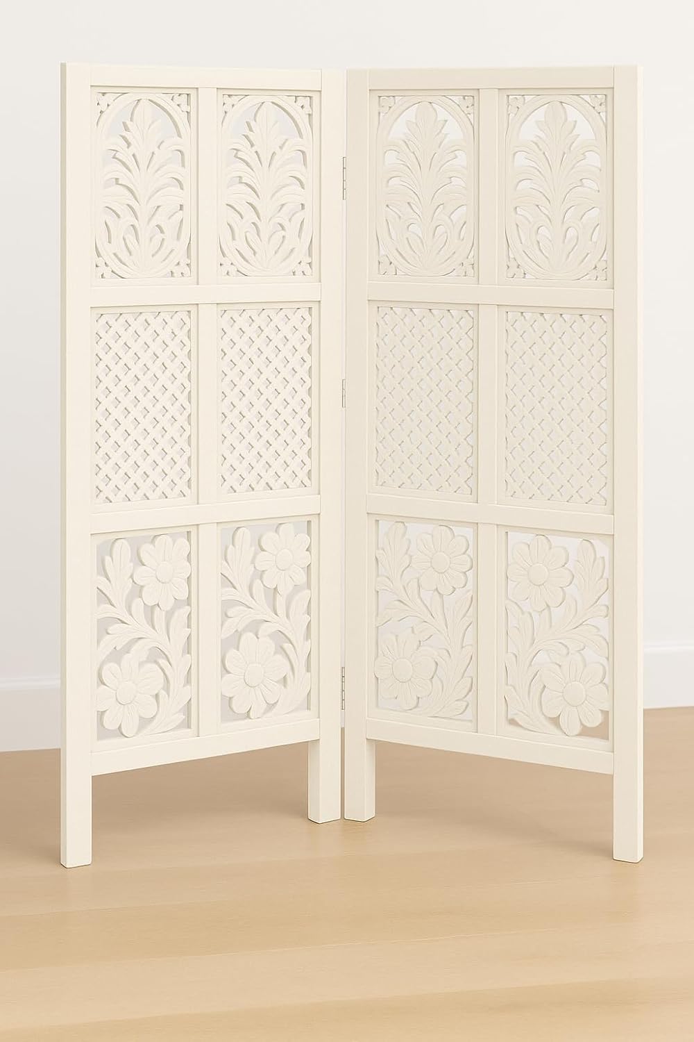 Wooden Room Divider Partition for Living Room Wooden Screen Partition Hall Partition Makeup Studio Privacy Divider Floor Panels for Pooja Room (Cream, 2 Panels 4 feet)