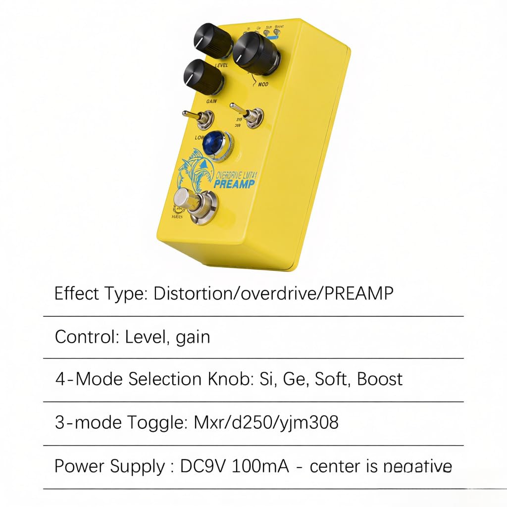 Pedale di effetto per chitarra Distortion Overdrive Preamp con selettore a 4 modalità controllo del volume e altri controlli processore digitale effetti compatto portatile elettrica
