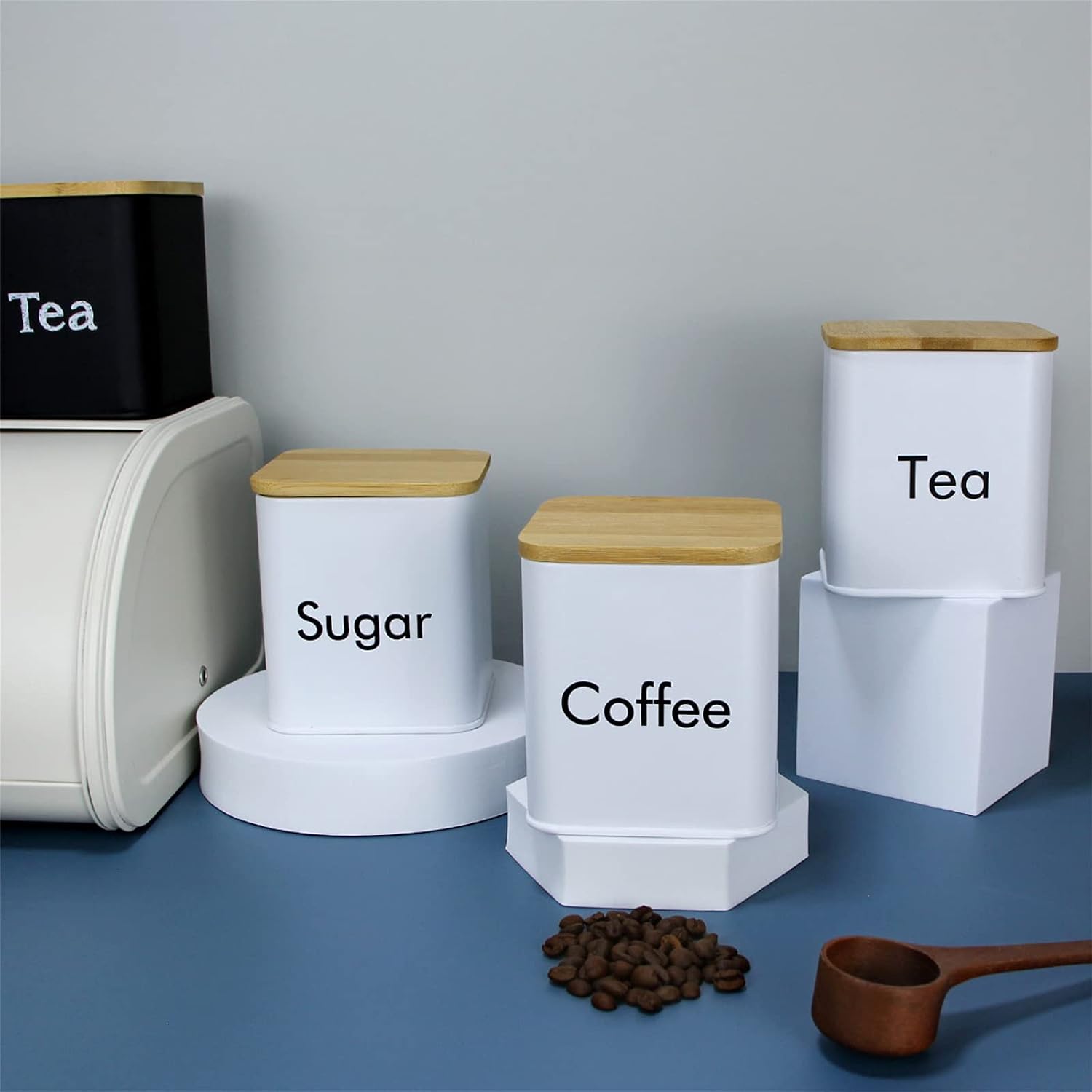 SOTECH 3pcs Coffee Sugar Tea Jar with Bamboo lid Metal Square Kitchen Storage Container Set White image 4