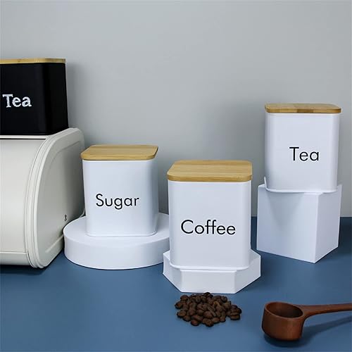 Miniatura 4 de SOTECH Tarro de té de azúcar de café con tapa de bambú Juego de contenedores de almacenamiento de cocina cuadrado de metal blanco