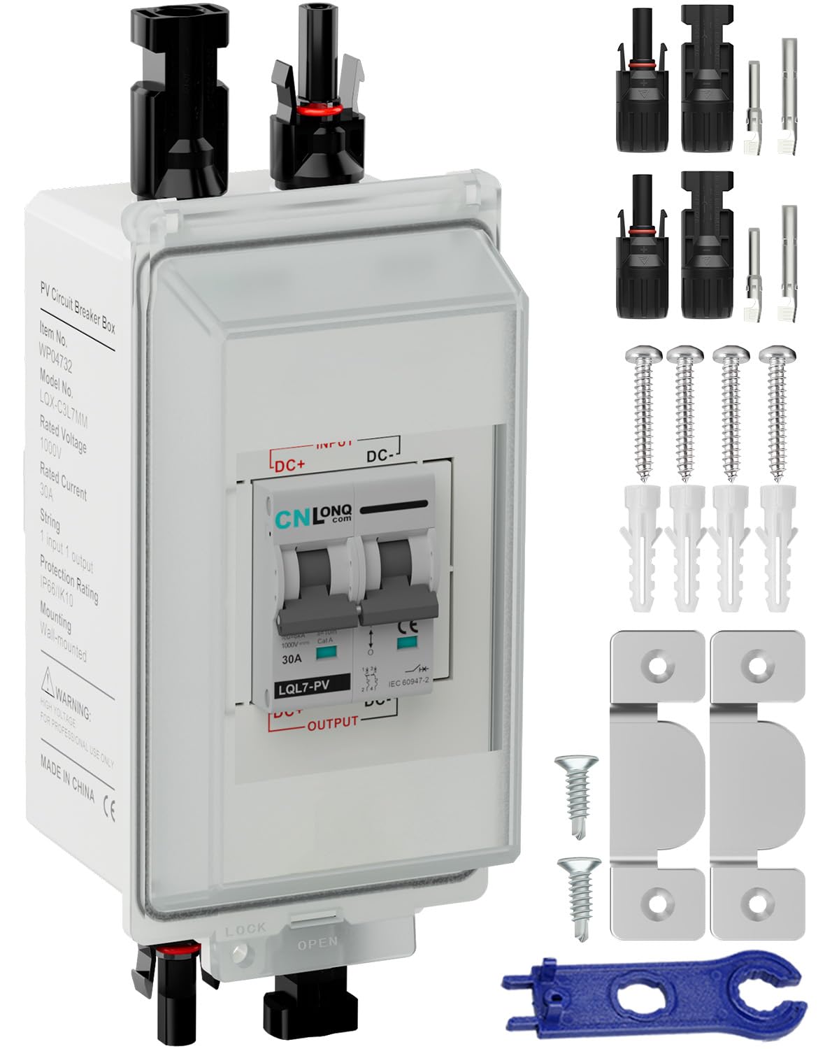 CNLONQ DC Trennschalter PV Anlage 32A 1000V Sicherungsautomat 2polig IP66 Wasserdicht mit Plug and Play Stecker und Metallhaken für Solarmodule, Einspeisesteckdose und Balkonkraftwerk
