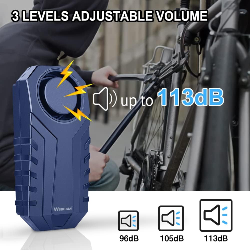 A blue WSDCAM bike alarm next to a bicycle, illustrating the 3 levels of adjustable volume (96dB, 105dB, 113dB).