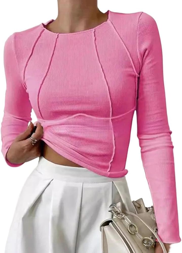 Women Round Neck Long Sleeve Pullover Slim Fit Casual Sports Top