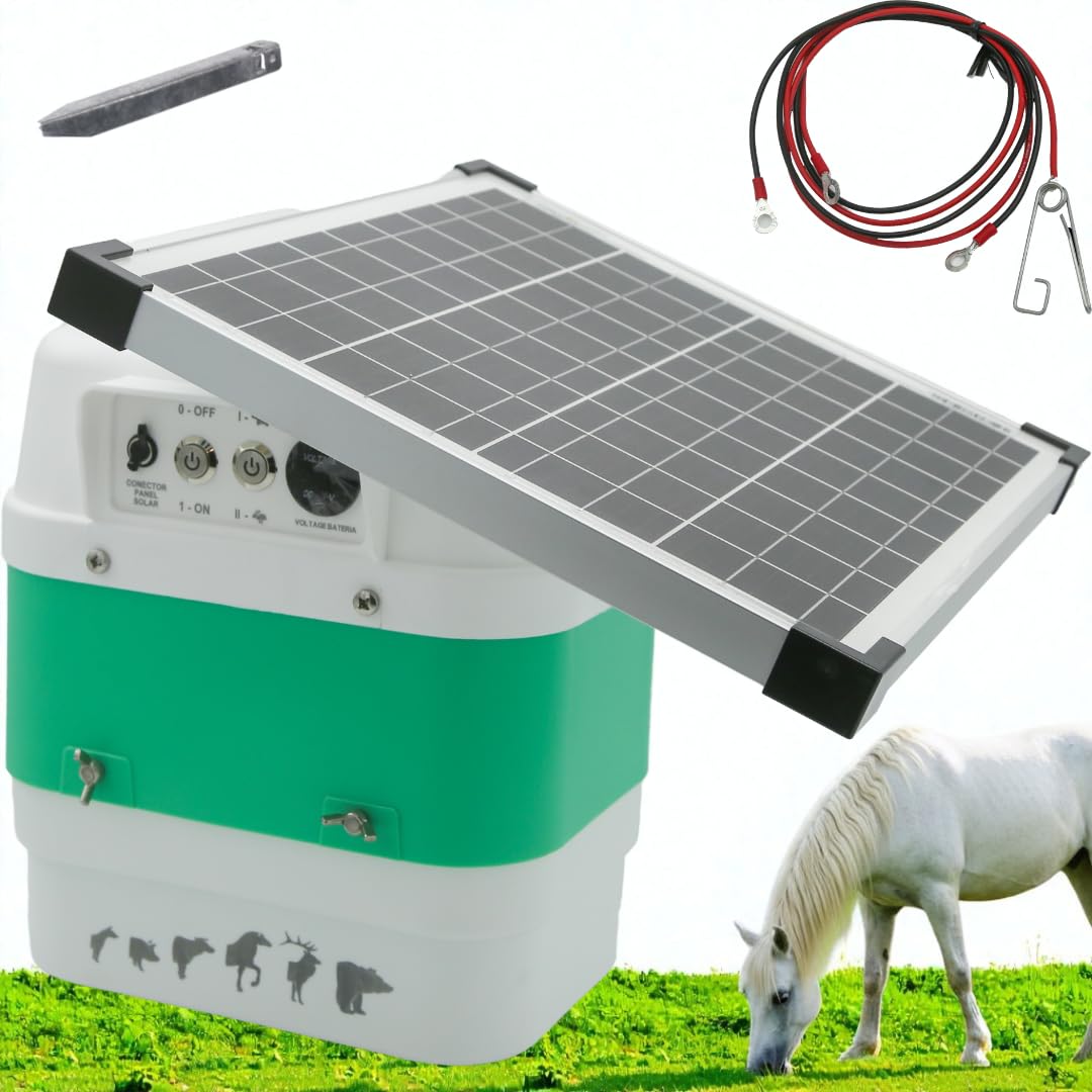 Pastor eléctrico solar Llampec Mod. B12S con panel 12V 20W incluido – 6,3 J, 10.000 V y 75 km de alcance – Ideal para ganado equino, vacuno, porcino, ovino y animales salvajes – Batería no incluída