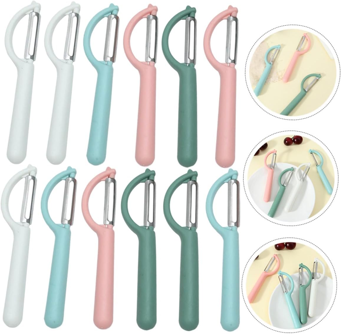 12pcs P-shaped Professional Potato and Vegetable Peelers Set with Wear-resistant Blades, Portable Fruit Peeler with Handle for Kitchen and Household Use, Multi-color (white, Pink,