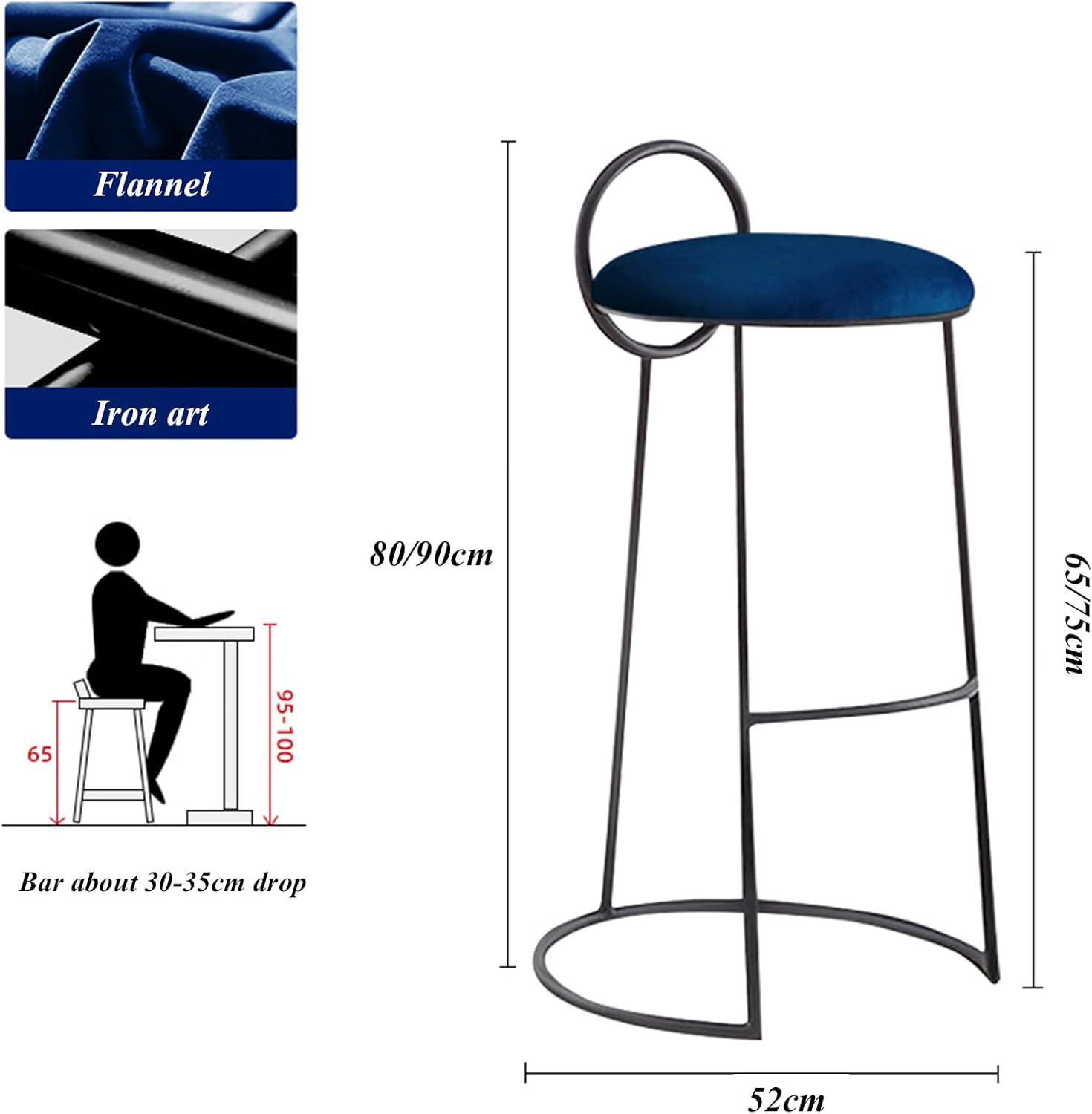Black Metal Barstool Indoor-Oudoor Counter Height Stool with Round Seat, Dining Chairs Cafe Stools for Dorm, Recreation Game Room, Set of 2