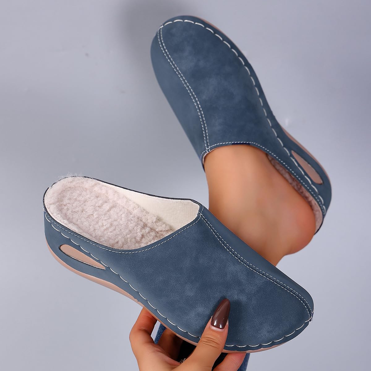 Zuecos con forro de piel para mujer, con plataforma de cuña cómoda, cálidas, para invierno, acogedoras, de ajuste ancho, de gamuza sin espalda