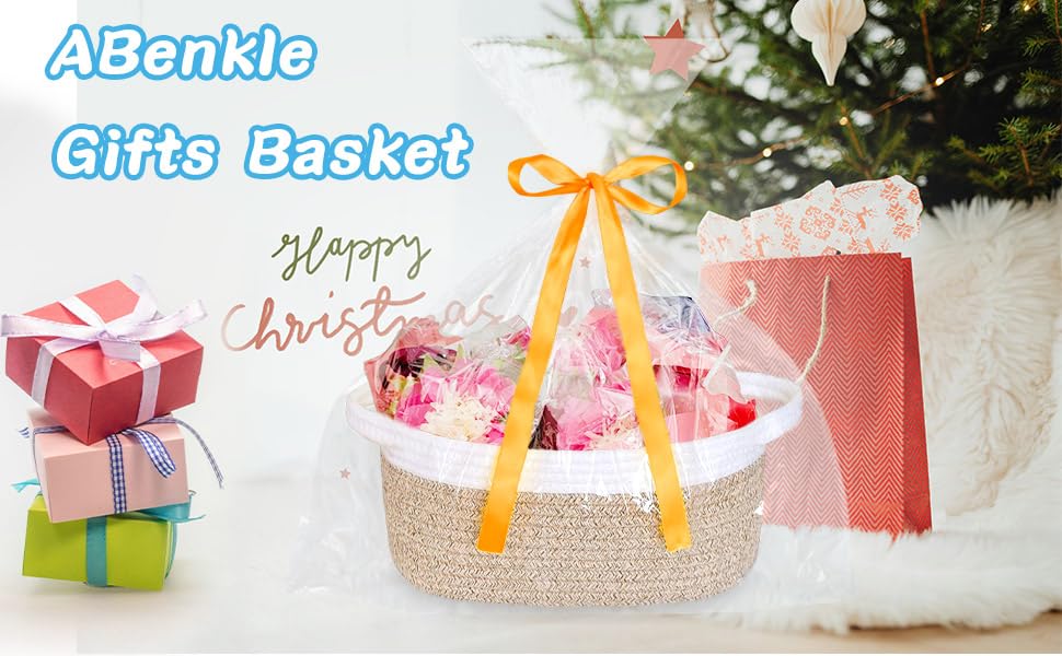 Image of Empty Gift Basket with Gift Bag & Ribbon, Woven Rope Basket, 12x8x5