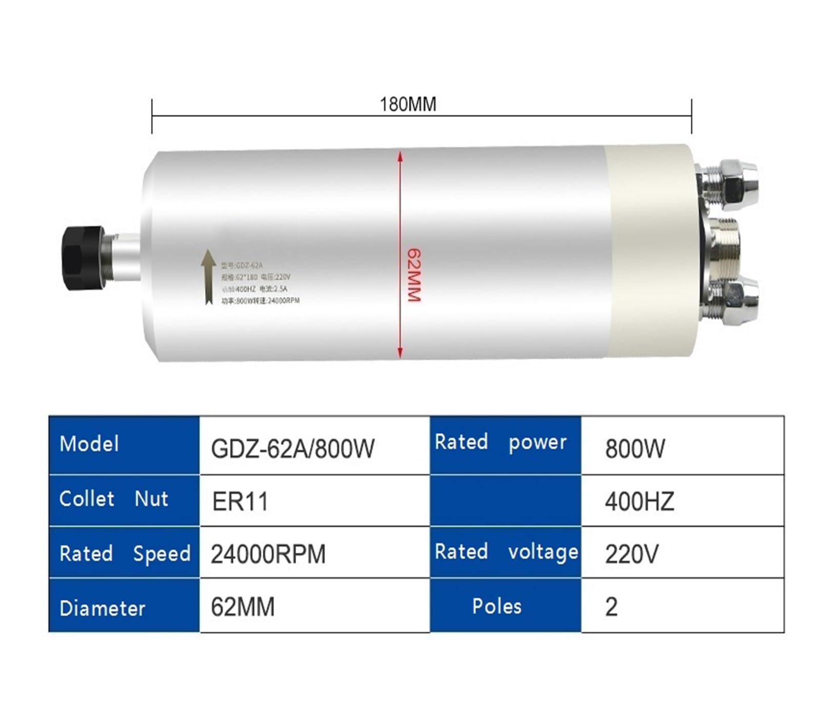 Silnik wrzeciona chłodzony wodą 800 W ER11 2-biegunowy CNC (800w 400 Hz 24000 obr./min)