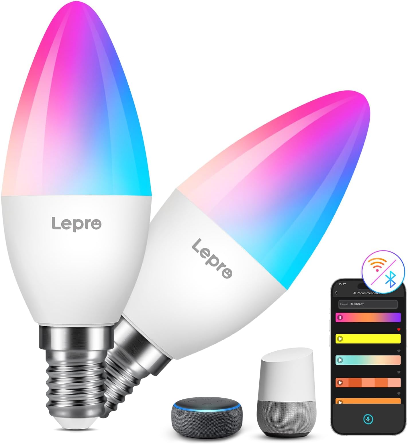 Lepro AI Smart Bulb E14, Music Sync WiFi Bulb, Voice Control Screw Blub, Color Changing Light Bulbs, Work with Alexa & Google Assistant, Personalized AI Lighting Designer, 2 Packs