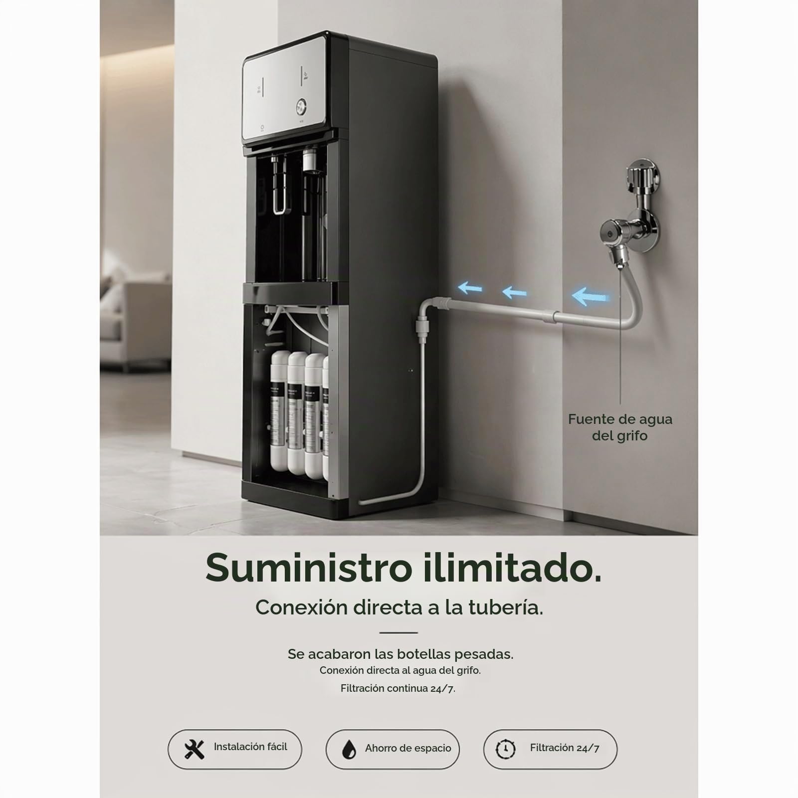 Dispensador De Agua 3 En 1 Sin Botellas Conectado A La Red con Filtración De 4 Etapas,Enfriador De Agua Caliente Y Fría para Guarderías,Preescolares Y Hogares,Reemplazo Fácil De Filtros