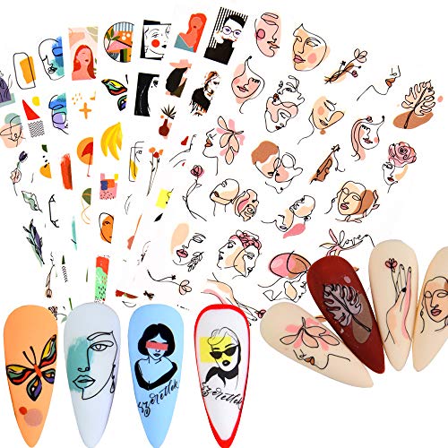 Graffiti Fun Nail Art Stickers Decals,3D Self-Adhesive Abstract Lady Face Black Flower Nail Design for Acrylic Nail Supplies,DIY Nail Decorations for Women Girls Kids 9 Sheets