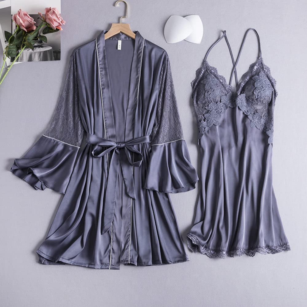 Accappatoio Donna,Set Di 2 Accappatoi Kimono In Raso A Rete In Pizzo Sexy Camicia Da Notte Senza Schienale Con Pettorale Elegante Volant Maniche Larghe Abito Da Sposa Con Lacci Bademantel Damen,Blu,