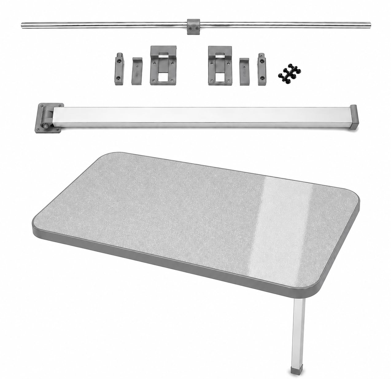 SVAGO Campervan Table Top 750 x 400 mm with Folding Table Kit, Complete Caravan & Motorhome Table Set, Grey Glitter Table Top with Grey T Trim, Rail & Folding Leg for Camper Van