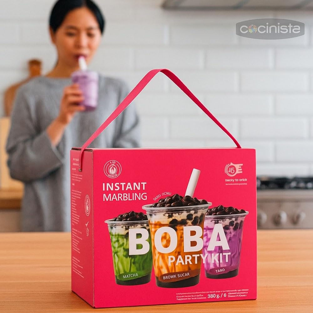 Kit Party Bubble Tea para 6 bebidas en casa listo en 15 s con perlas de tapioca boba y 3 sabores Matcha Azúcar Moreno Taro incluye vasos tapas pajitas