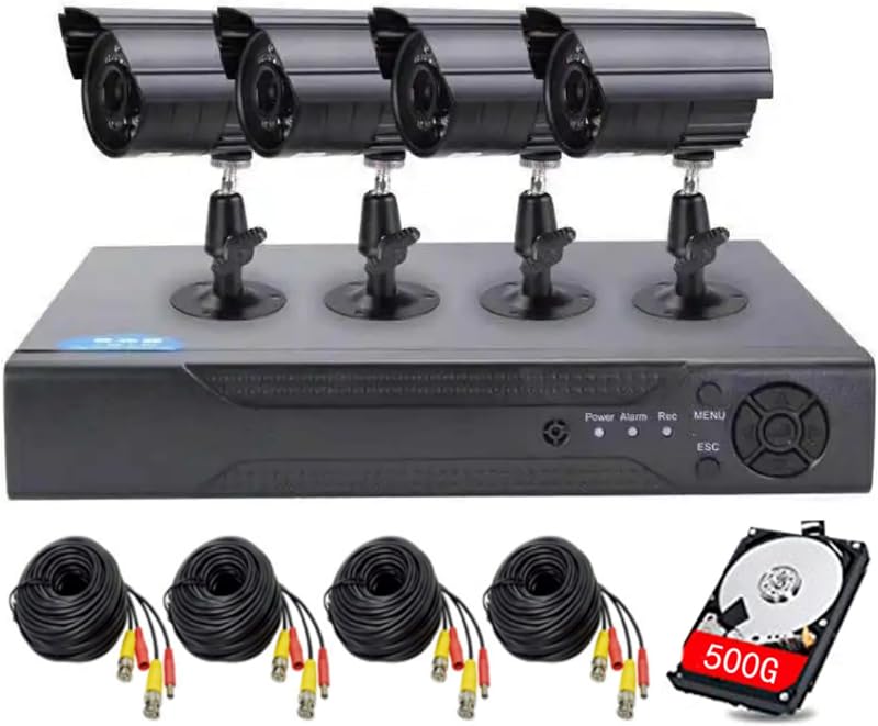 Sistema de seguridad CCTV con cable DVR de 4 canales con 4 cámaras de vigilancia impermeables de metal 1080P, visión nocturna infrarroja, detección de movimiento para interiores y exteriores, grabación 24 horas al día, 7 días a la semana (incluye disco duro de 500 GB) acceso remoto