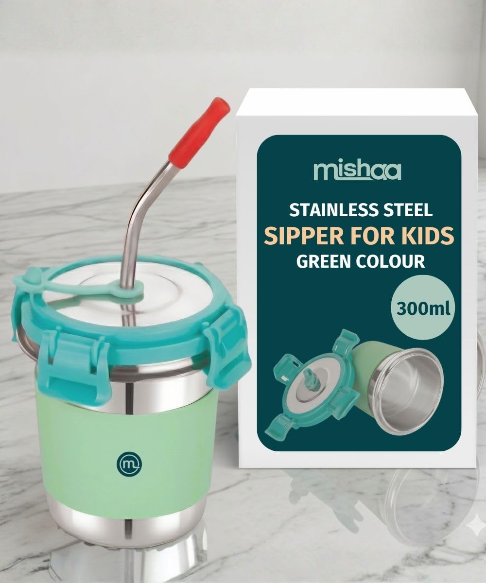Mishaa Stainless Steel Kids Tumbler 300ml with Straw & Lid – Durable Leakproof Baby Sipper Glass with Silicone Grip for School, Travel & Daily Use (Green)-image-44