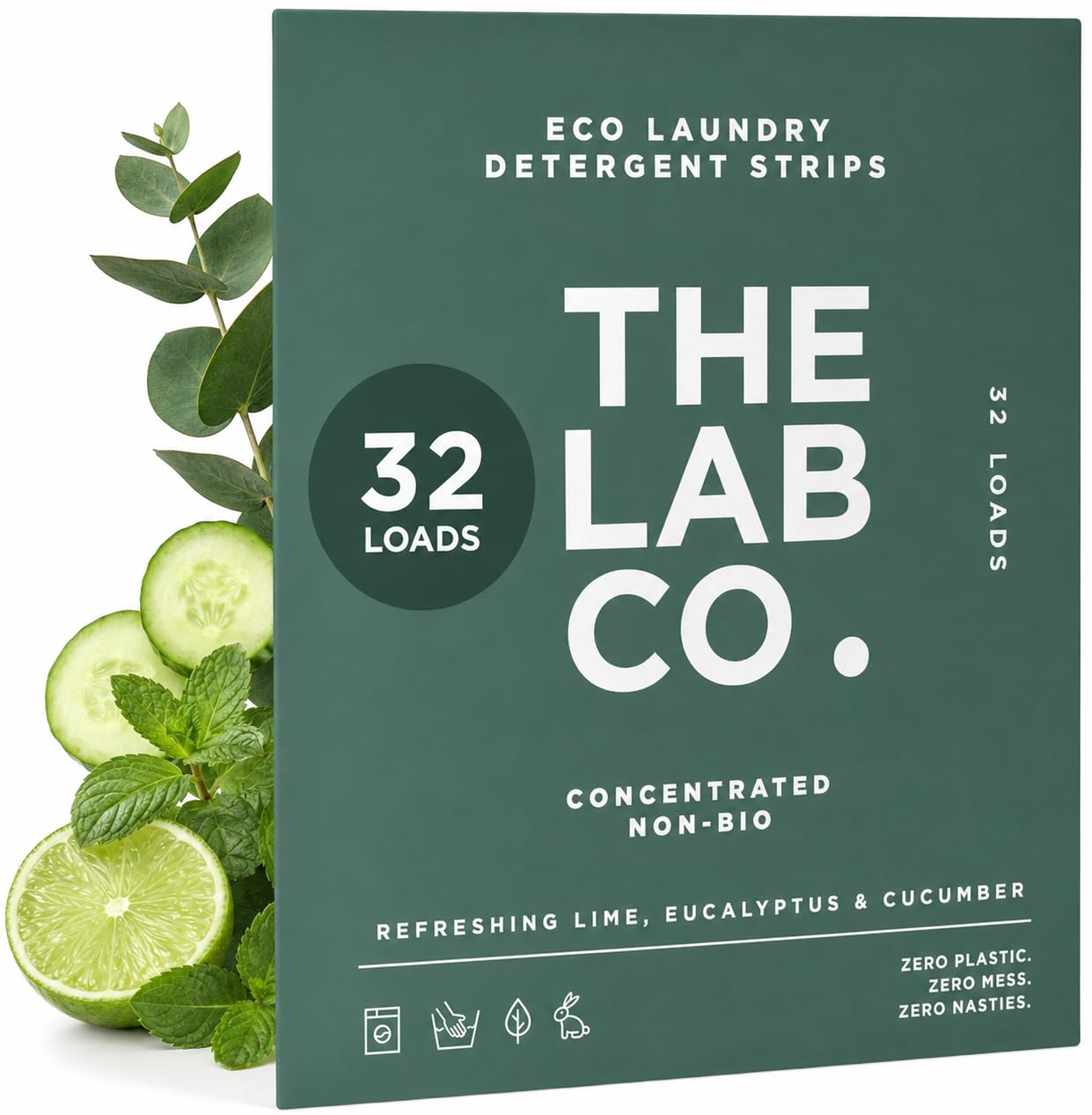 The Lab Co. Laundry Detergent Strips Washing Sheets | Eco Ultra-Concentrated | Non-Bio for Sensitive Skin | Non-Toxic Fragrance | EDC-Free | Lab-Tested | Refreshing Lime Eucalyptus Cucumber | 32 Loads