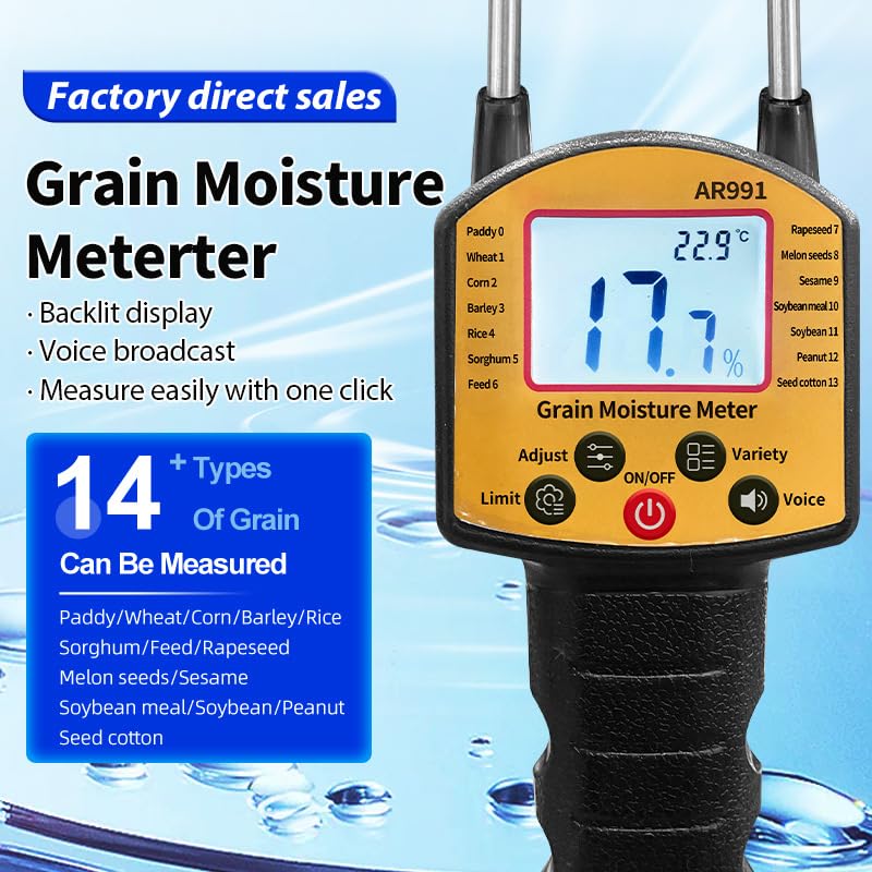 Tester di umidità per cereali, doppia sonda portatile con display retroilluminato, precisione 0,1% per 14 tipi tra cui grano, mais, riso, arachidi, 22,5 cm