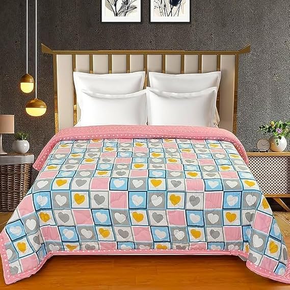 Image of 250 GSM Cotton AC Comforter for Summer | Lightweight Floral Design | Reversible All-Season Dohar Blanket Quilt (Heart Design, Single 60 inch x 90 inch)