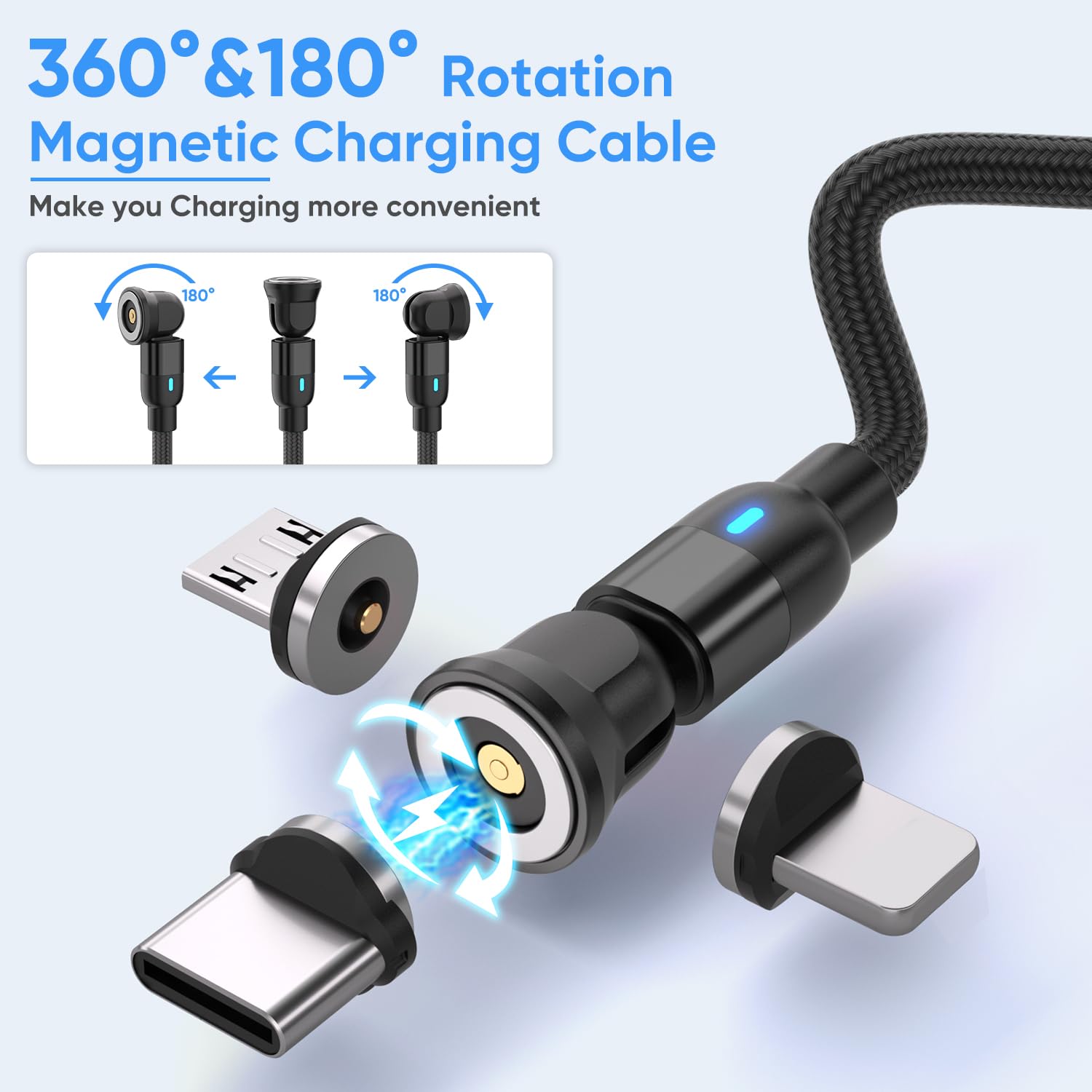 Cavo di ricarica magnetico, caricatore magnetico rotante a 540° [confezione da 7, 0,5 m/0,9 m/0,9 m/1,8 m/1,8 m/3 m/3 m] Cavo USB magnetico intrecciato in nylon 3 in 1 per iProduct/Micro