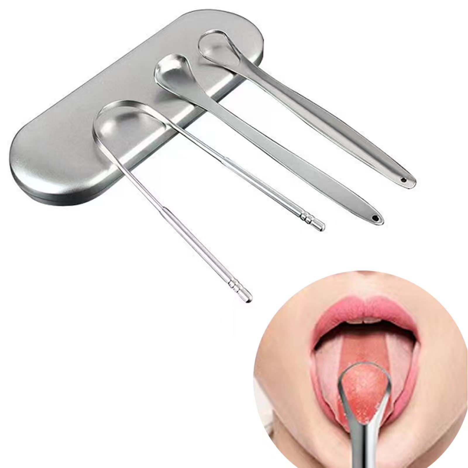 3 raschietti per lingua per adulti con forma a U, scavati e cucchiai, in acciaio inox, con custodia da viaggio in metallo, rimedio per alito cattivo