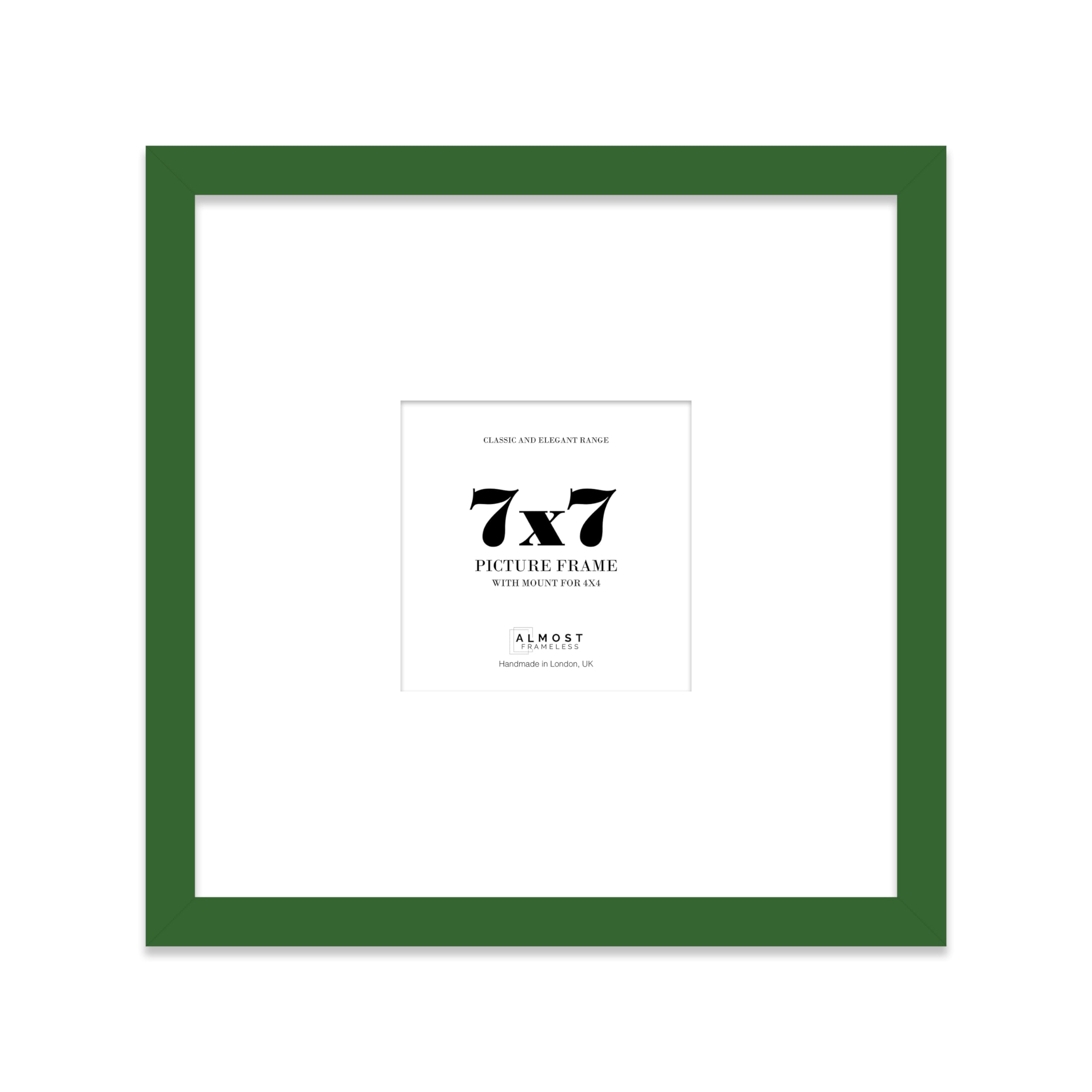 Almost Frameless 7x7 Square Picture Frame, Display Pictures 4x4 With Mat or 7x7 Without Mat, Wall Hanging & Free Standing Photo Frame, Green, 1 Pack