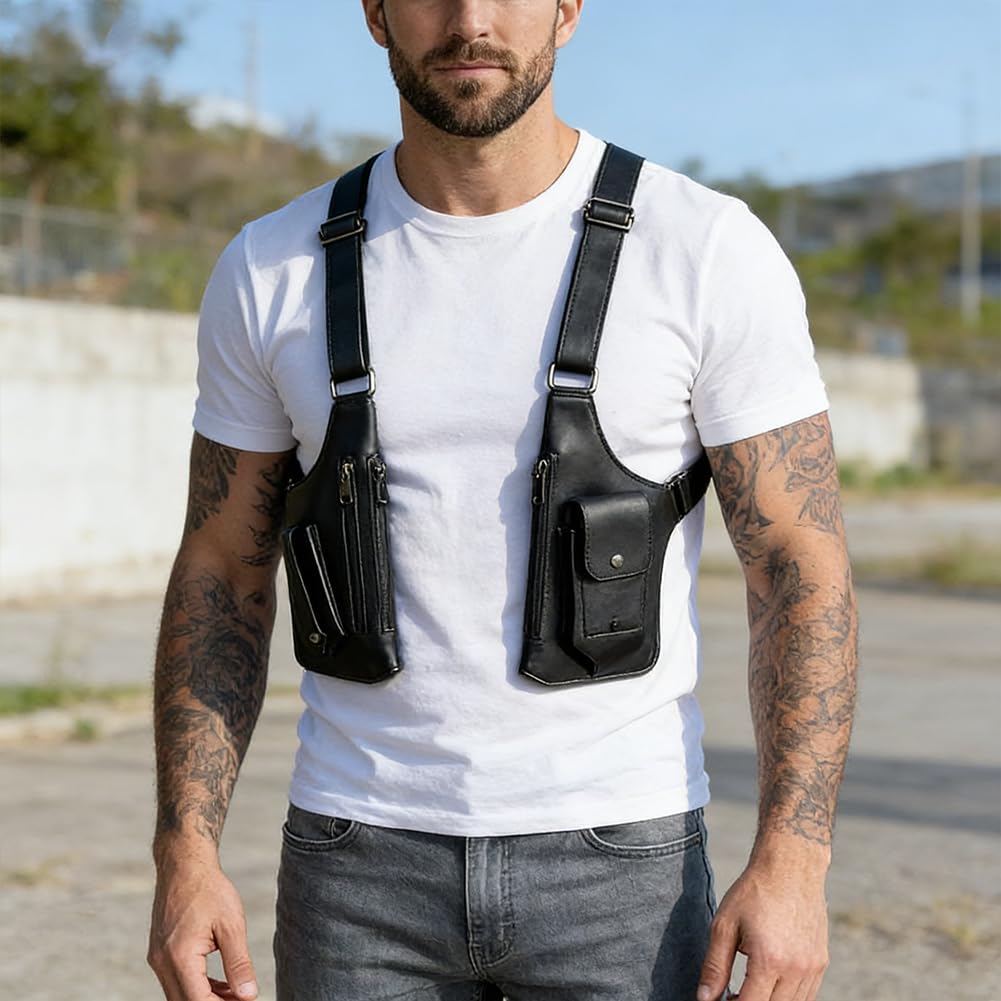 Anti-Diebstahl Unterarm-Schultertasche für Herren, Doppel-Schultertache aus PU-Leder, Verstellbares Achselholster-Design mit Mehreren Taschen, Brusttasche für Reise, Business & Outdoor (Schwarz) - 4