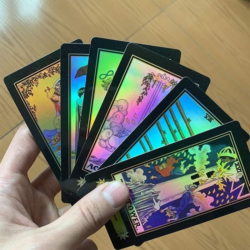 Image of Play New Tarot Card Game with Guide Book 78 Pieces Holographic Tarot Cards Deck Future Telling Game with Colorful Box for Beginners (Design 4)