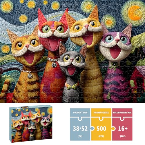 Rompecabezas para adultos de 500 piezas: Gatos y Noche Estrellada, diseño Chorale, tamaño 20,47 x 14,96 pulgadas, con póster 1:1 y letras en el reverso miniatura 3