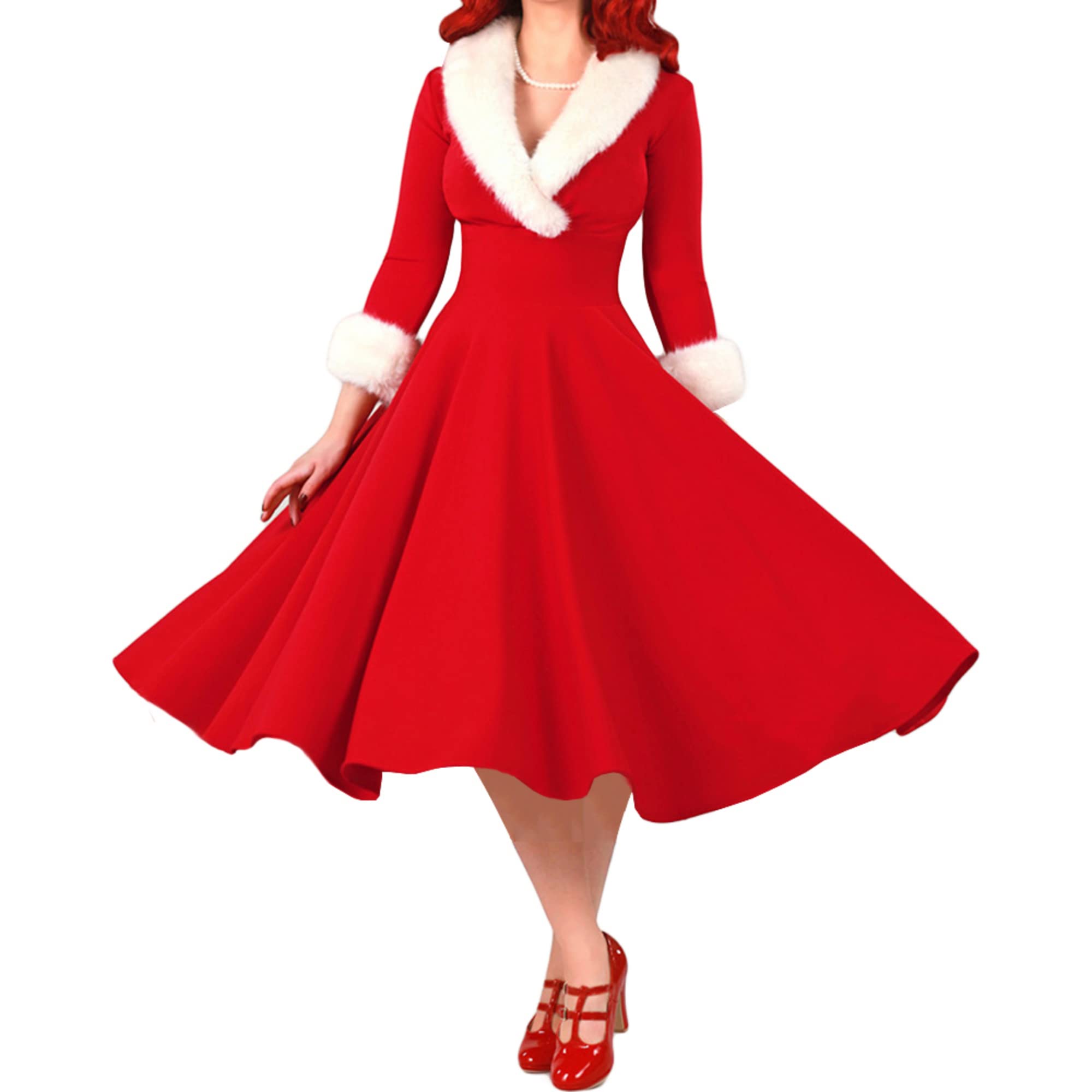 Amazon.com: Women's Long Sleeve Christmas Dress Winter Elegant Casual  Patchwork Fur Collar Low Cut Xmas Party Outfit Cosplay Dress : Clothing,  Shoes u0026 Jewelry