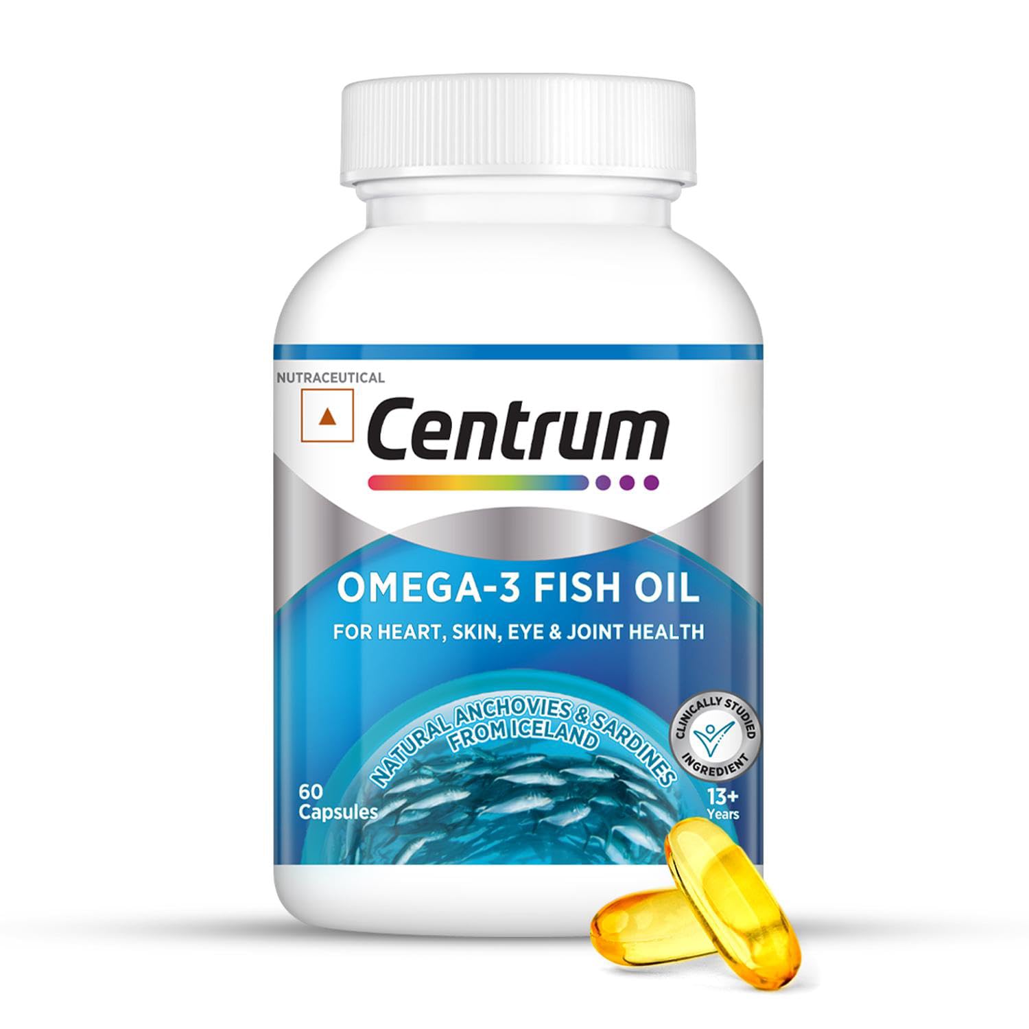 Centrum Omega 3 Fish Oil Capsules 1000mg Supplements | Omega 3 with 180mg EPA, 120mg DHA for Hair and Skin Health, Joint Health, Brain Health | No Fishy Aftertaste - 60 Capsules
