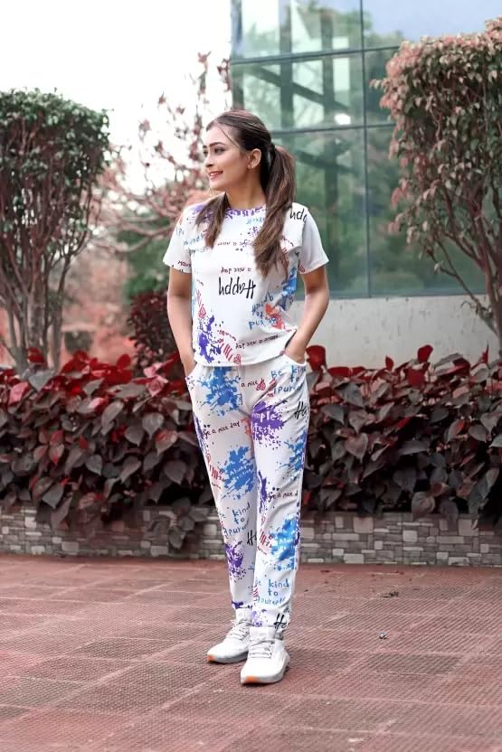 Image of Women Printed T-Shirt and Track Pant Set | Cotton Co-Ord Night Suit for Women | Lounge Wear, Sleepwear, Gym Wear | Half Sleeve Top & Elastic Waist Joggers | Stylish