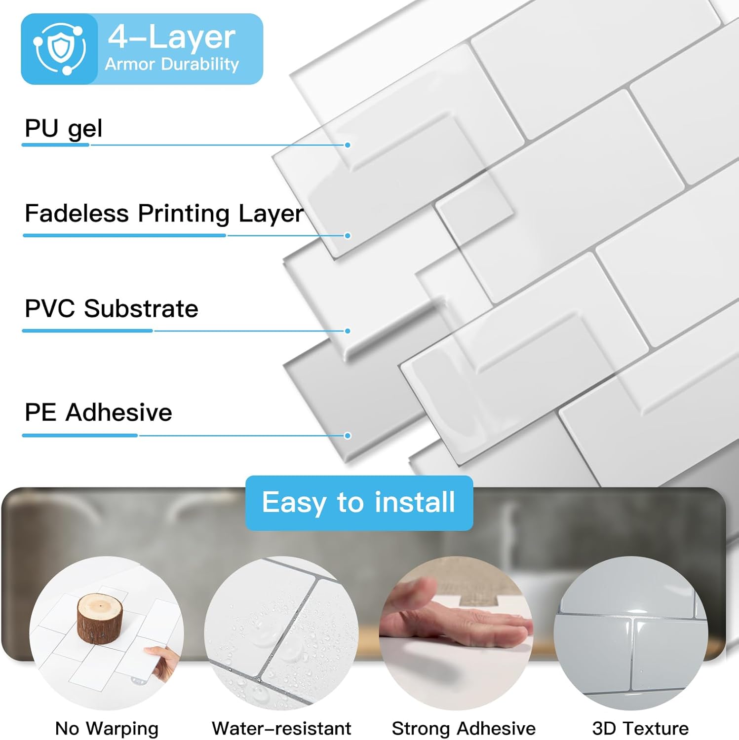 Art3d 10-Pack Heavy-Duty Peel and Stick Backsplash, 12.6 x 10.6 Inch Stick on Wall Tiles for Kitchen Bathroom Countertop Decor, Warm White with Gray Grout