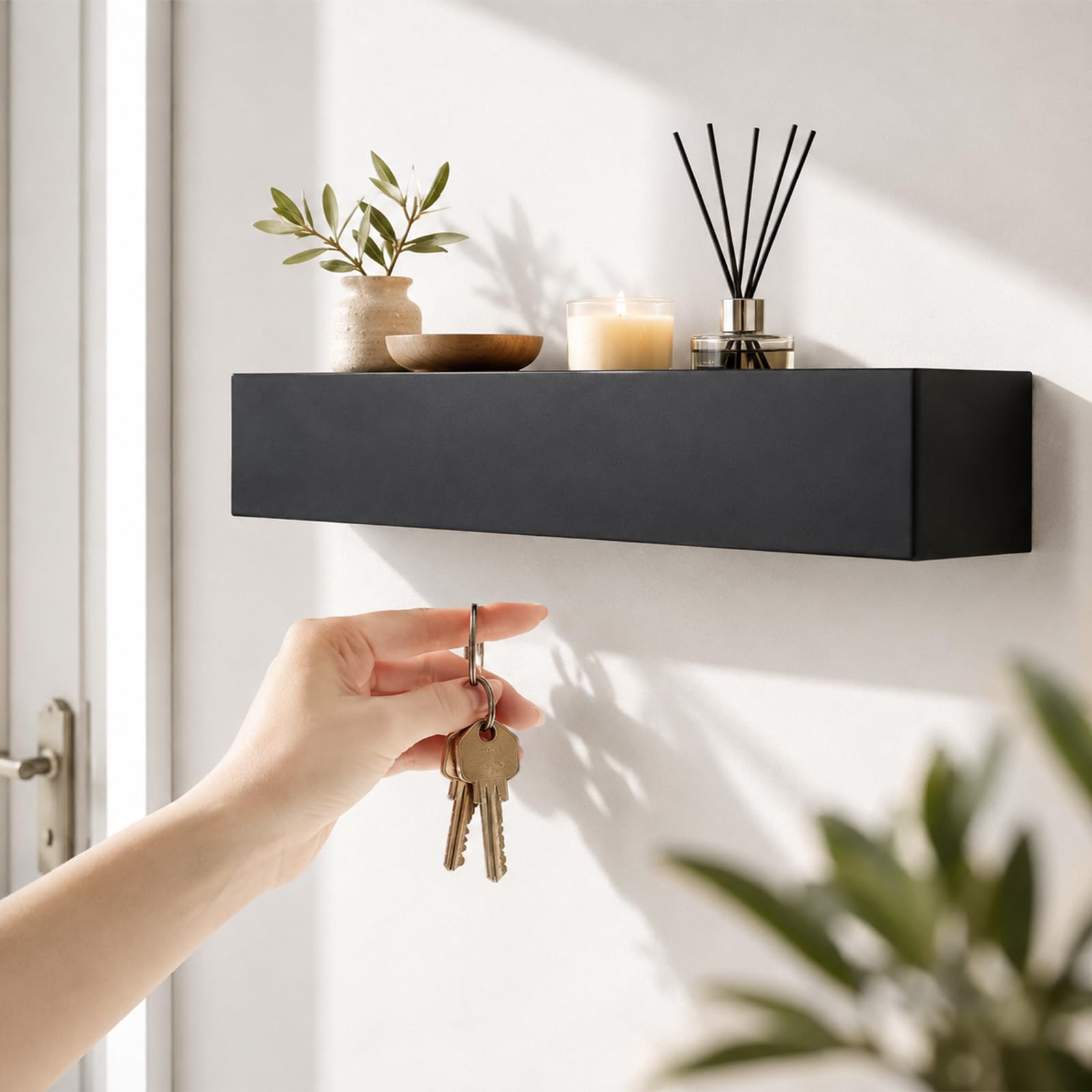 Garderobe Wand 60 cm, Schwarzer Wandhaken Garderobe, Wandgarderobe mit Ablage mit 7 Versteckten Haken, Schlicht und Passend für Verschiedene Einrichtungsstile, für Schlafzimmer, Wohnzimmer