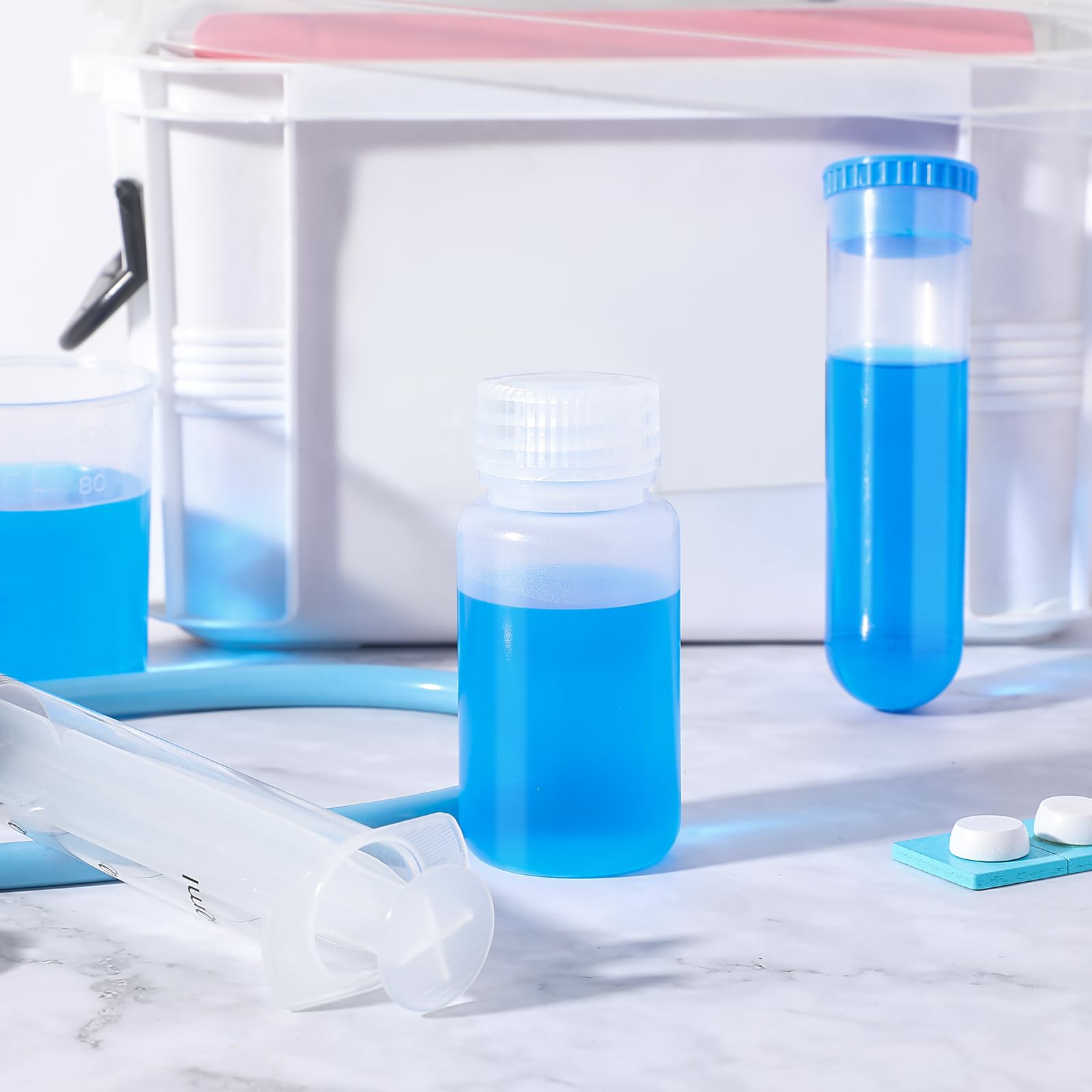 Tatuo 48 botellas de plástico para muestras de píldoras de boca ancha, contenedor de reactivo de laboratorio con tapas, recipiente translúcido de muestra de agua de polipropileno para líquidos