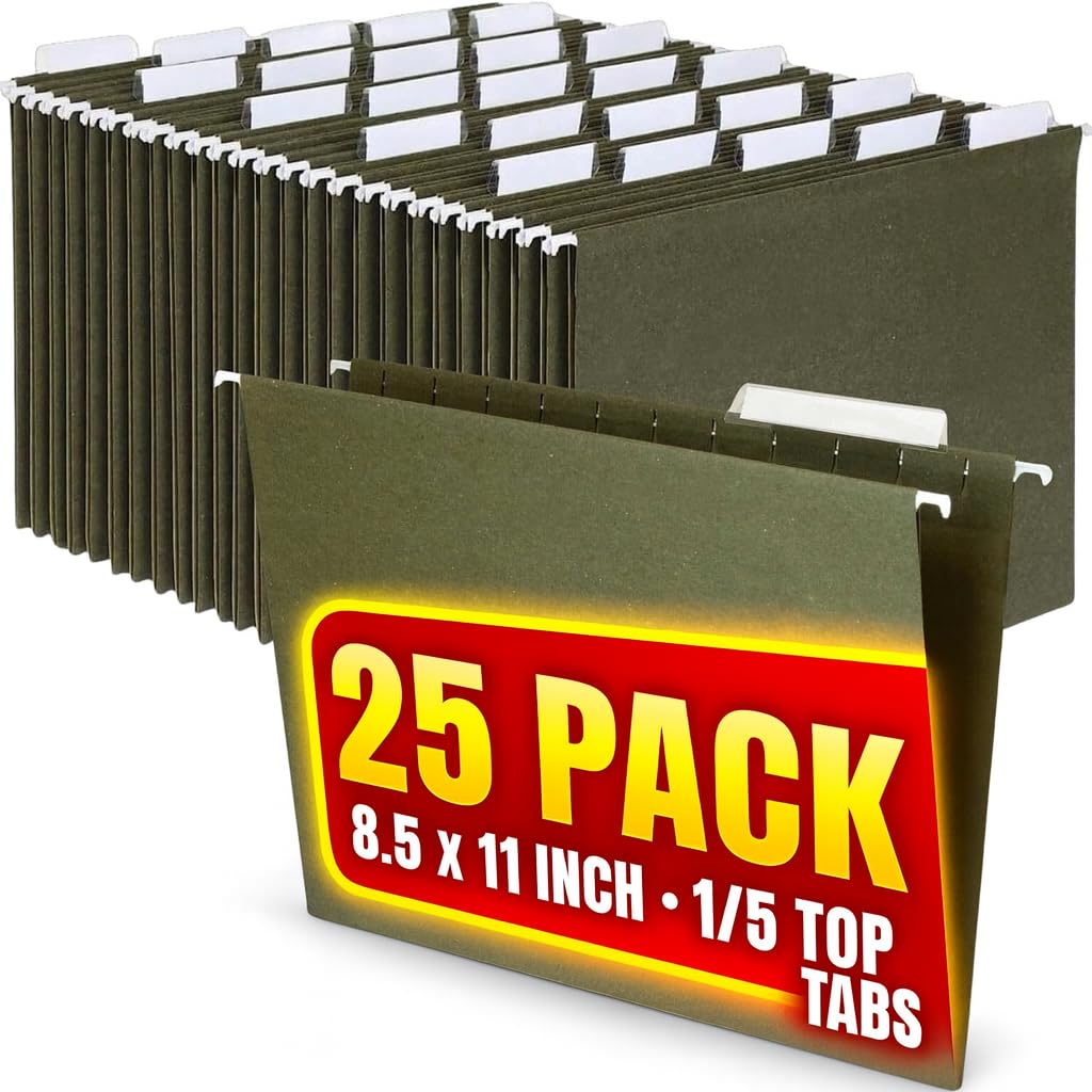 1InTheOffice Hanging File Folders Letter Size, File Cabinet Folders, Reinforced, 1/5 Tabs, 11 pt., Green, 25 Pack