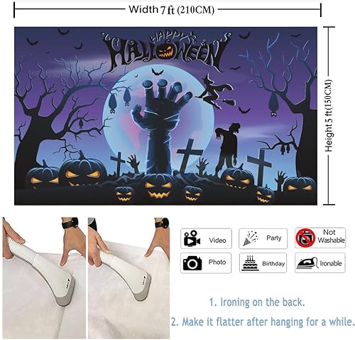 Miniatura 2 de Telón de fondo de Halloween de 7 x 5 pies, pancarta de fondo de noche de terror para fiesta de Halloween, calabaza, luna, rama de árbol seco,