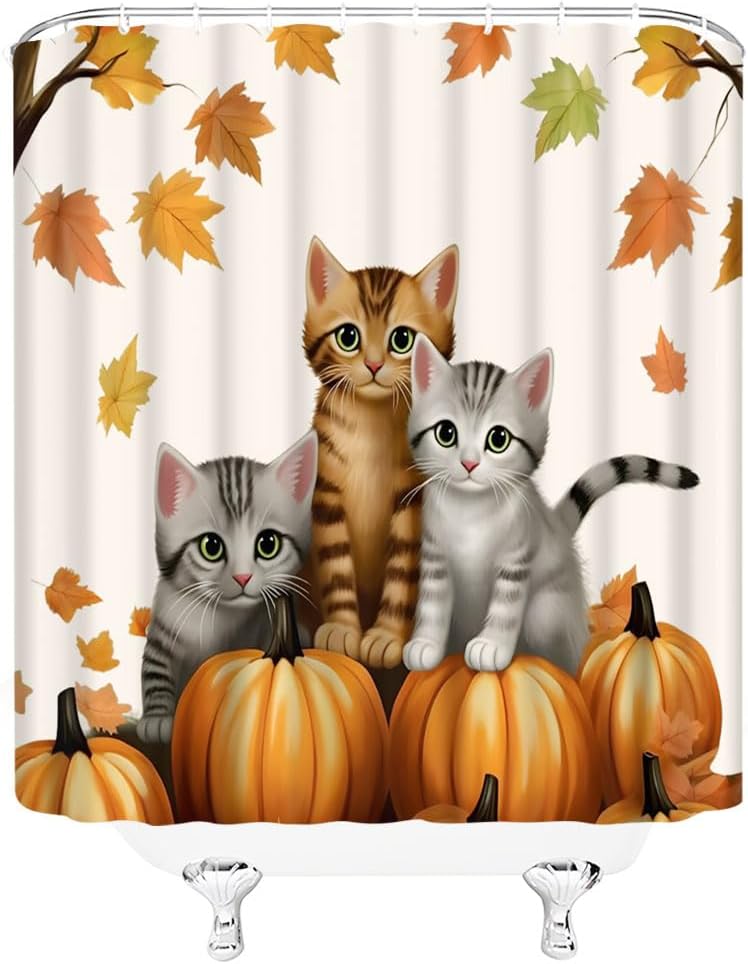 Fall Pumpkin cat Shower Curtain Funny Kitten Standing on Pumpkins Maple Tree Fallen Leaf Thanksgiving Halloween Decor Bathroom Curtain with Hook