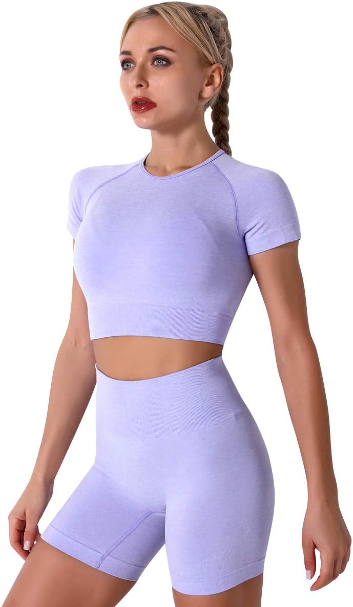 ABEHIK 3PC Women Workout Sets Seamless Yoga Outfits Sports Bra Short Sleeve Crop Top with High Waisted Running Shorts Sets